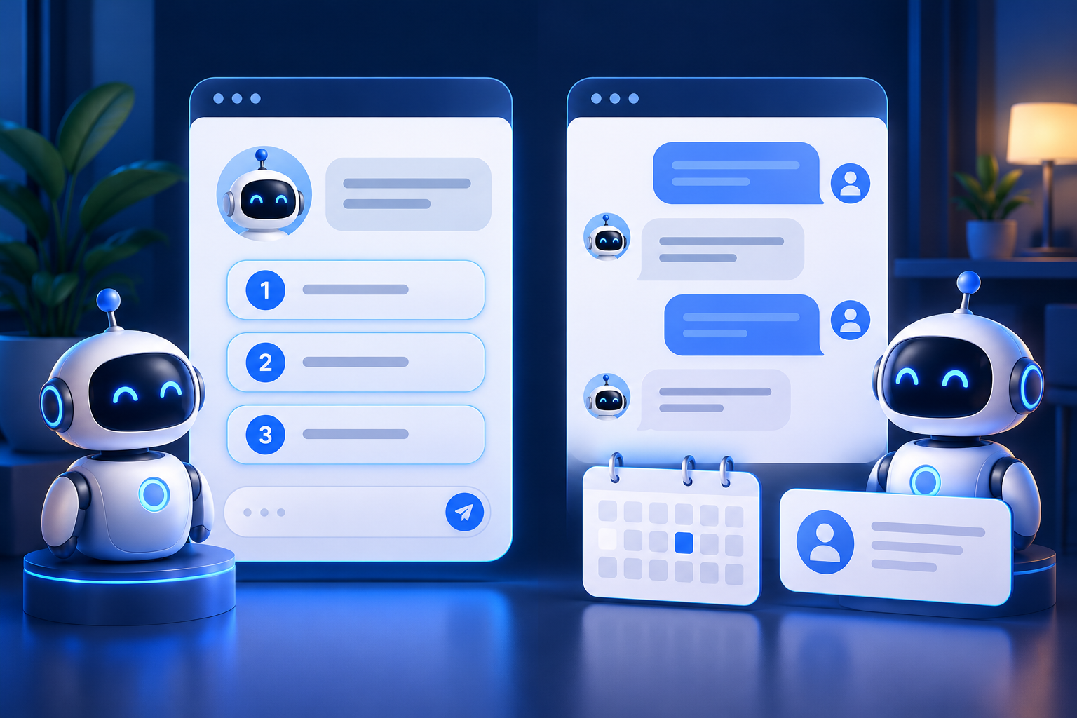 Menú con opciones numeradas y conversación libre junto a una agenda y un contacto