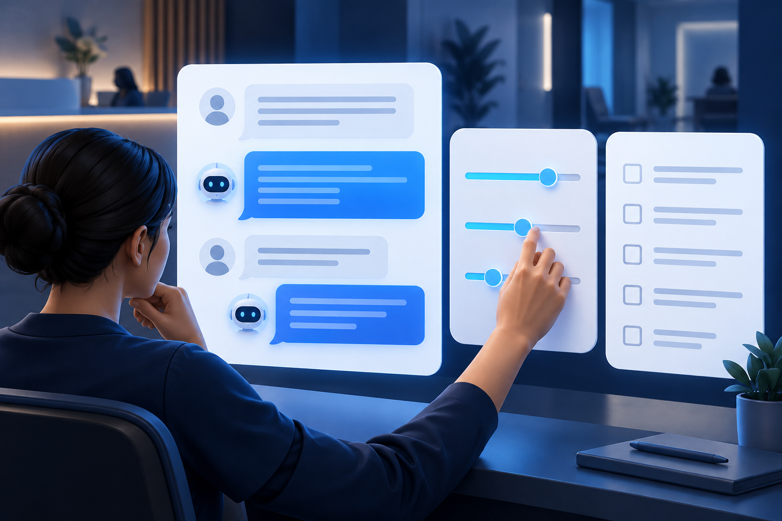 Conversación digital junto a controles de configuración y una lista de revisión