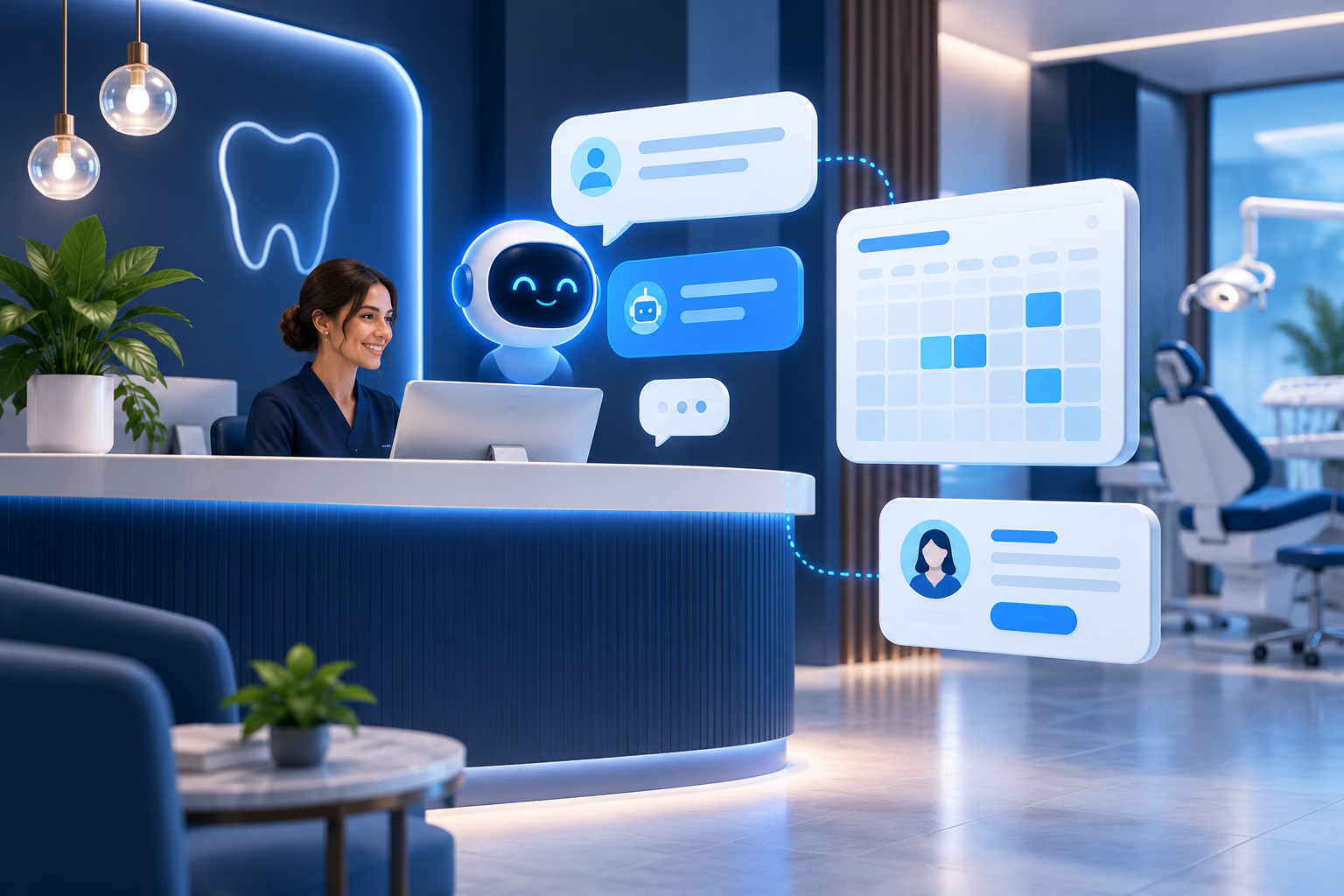 Recepción dental con conversación digital, calendario y contacto conectados