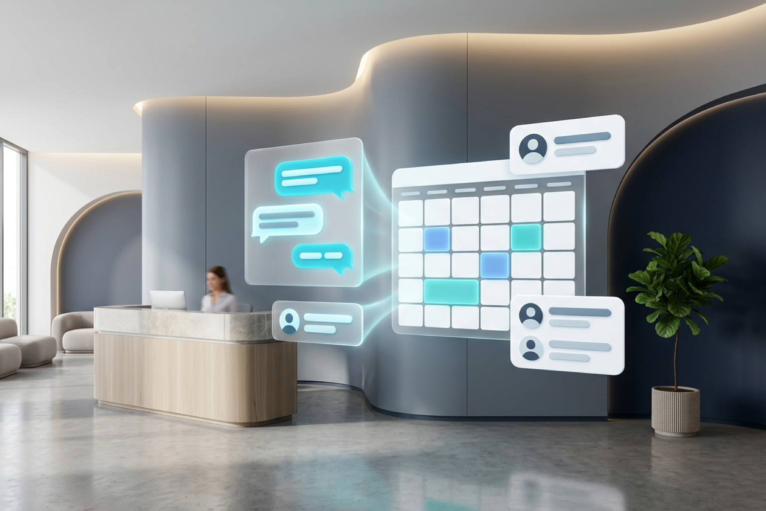 Recepción de clínica dermatológica moderna con elementos conceptuales de conversación digital y agenda