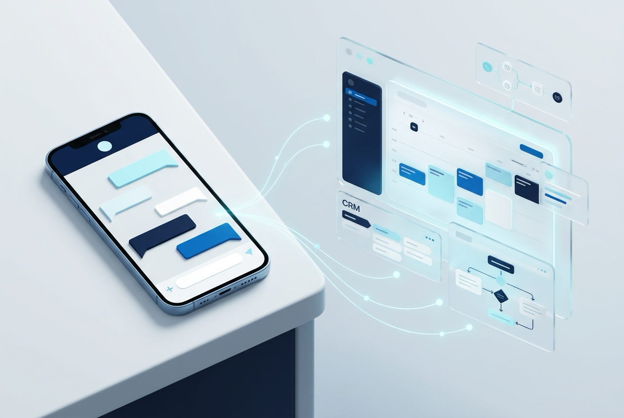 Comparativa conceptual entre la atención manual de WhatsApp en un smartphone y la infraestructura digital conectada con agenda y CRM