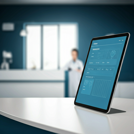 Panel de control de mIAgenda mostrado en una tablet en la recepción de una clínica médica moderna